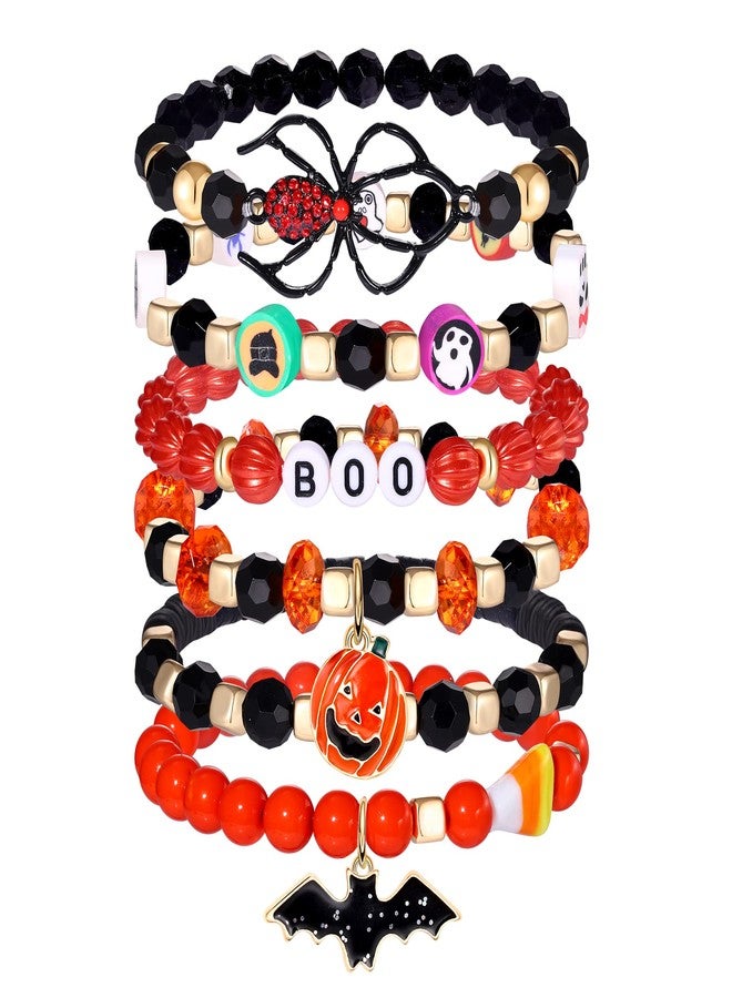 BVGA Halloween Bracelets Beaded Pumpkin Candy Corn Spider Ghost Charms Bracelets BOO Happy Halloween Stretch Bracelets Set Holiday Jewelry Gift - Image 1